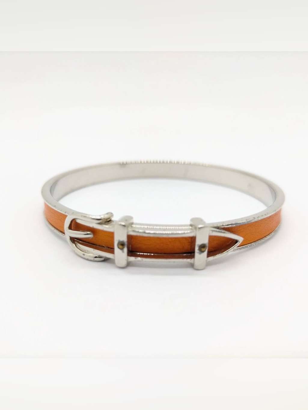 Authentic Herms Silver-Tone Buckle Bangle Bracelet With Orange Leather Inlay